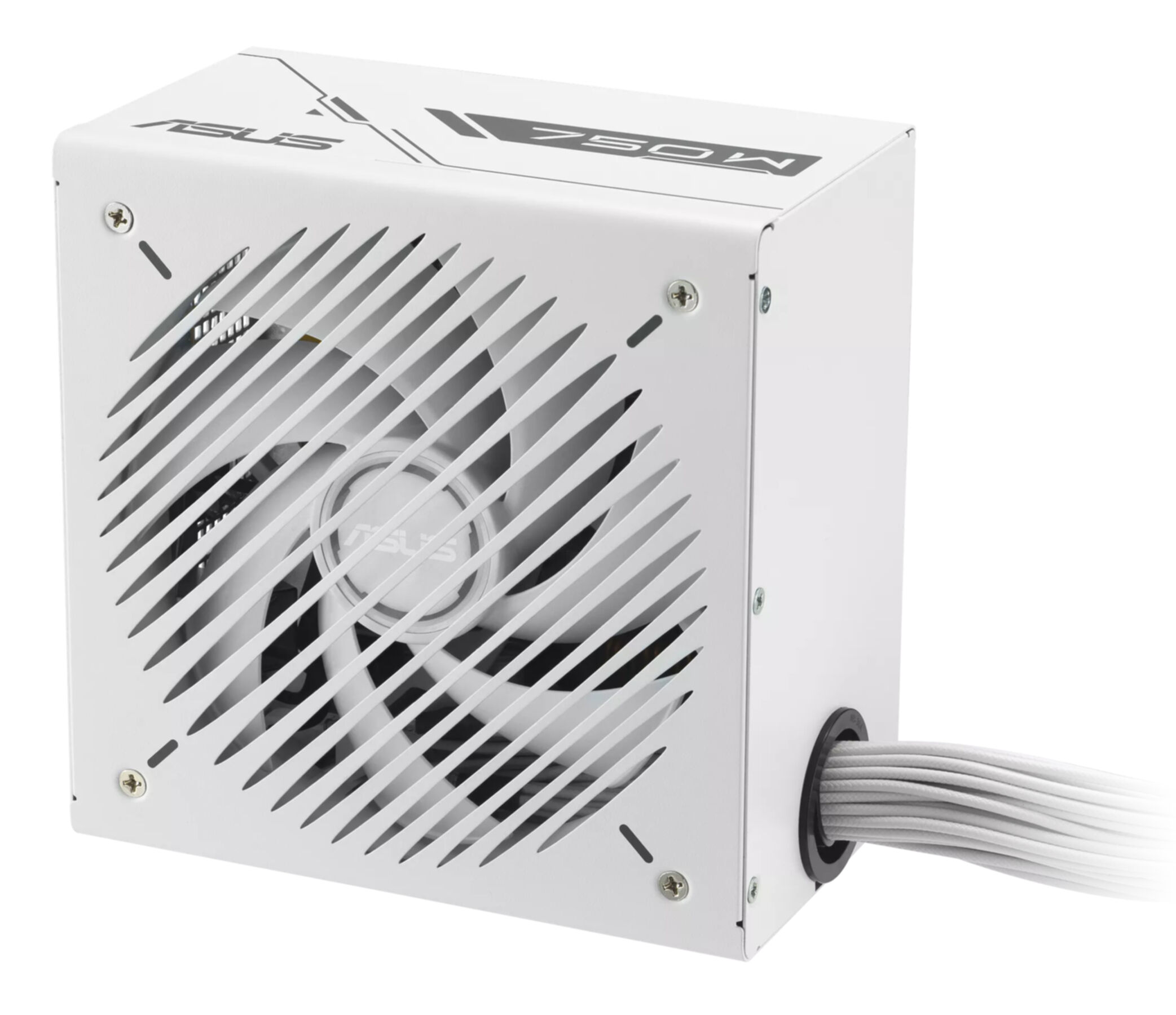 Un alimentatore ASUS 750W bianco con ventola e cavi. La parte anteriore ha prese d'aria diagonali.