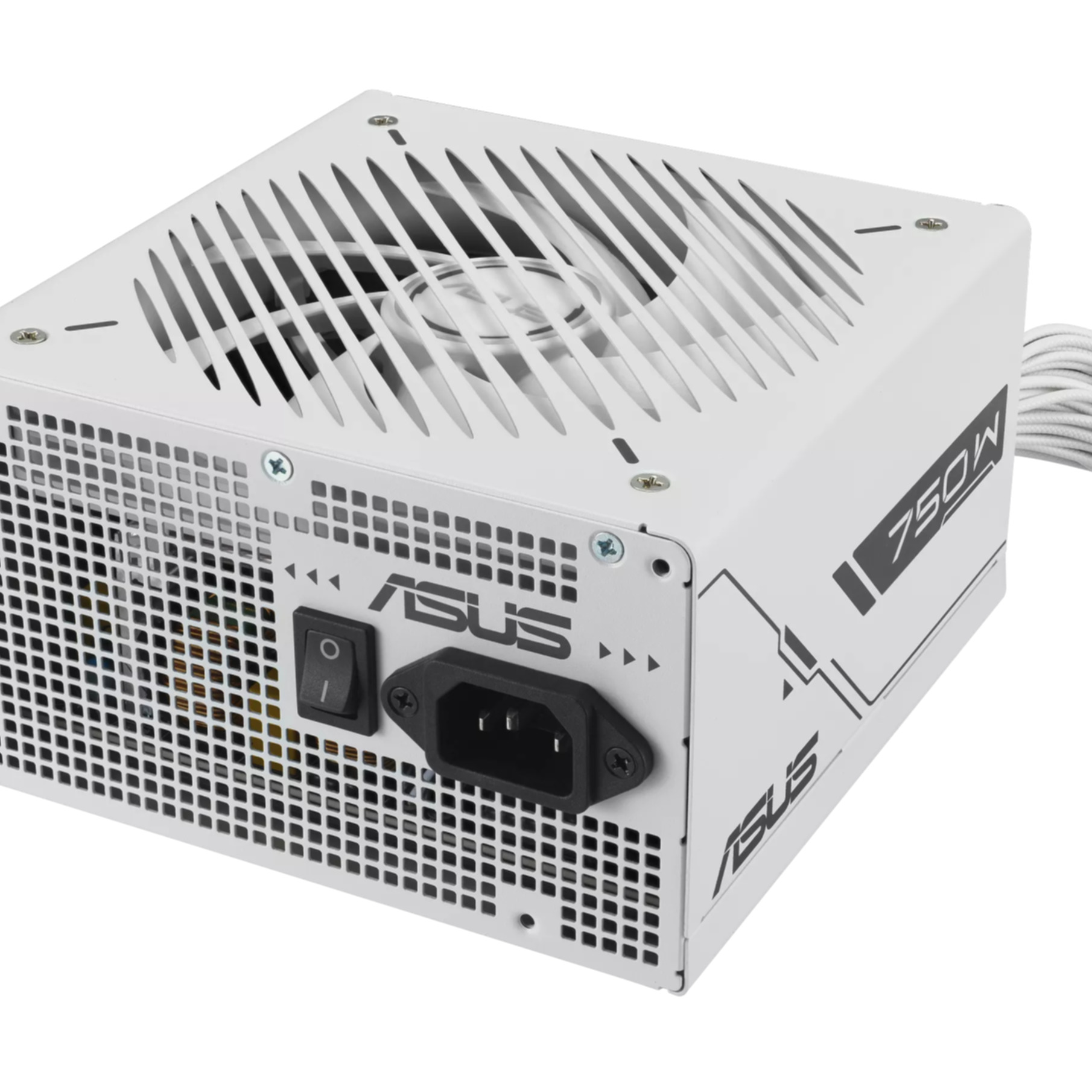 Alimentatore ASUS 750W bianco. Con ventola, interruttore di alimentazione e ingresso di alimentazione nero. Cavo bianco collegato.
