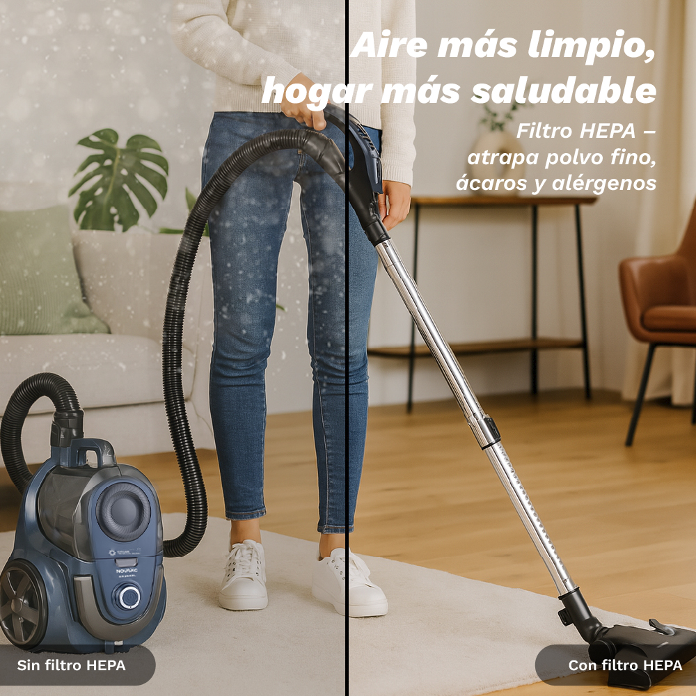 Una persona aspira una habitación. El lado izquierdo muestra un área polvorienta, el derecho muestra un área limpia. El texto dice 'aire más limpio, hogar más sano'.