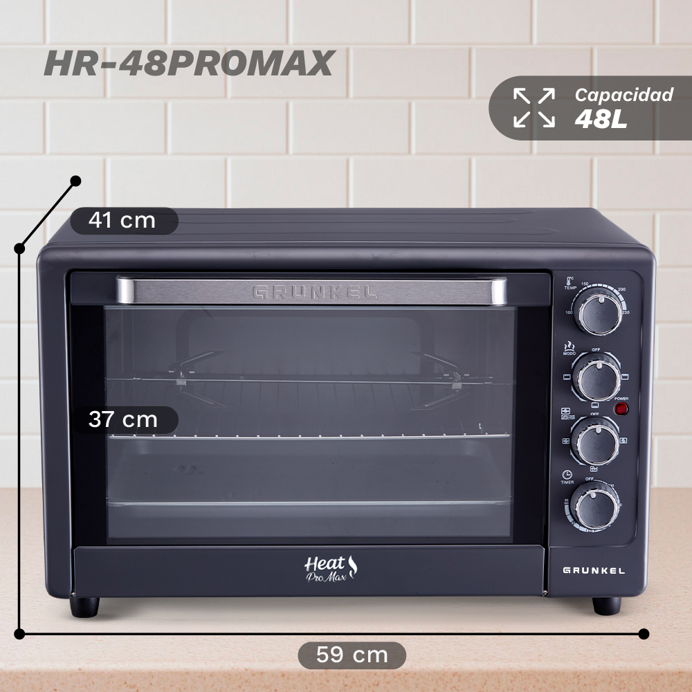 Un forno nero Grunkel HR-48PROMAX. Ha una porta a vetro, manopole di controllo e dimensioni: 41 cm, 37 cm e 59 cm. C'è scritto capacità 48L.
