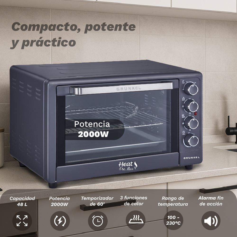 Un forno Grunkel grigio scuro su un piano di lavoro. Il testo sul forno dice 'Potencia 2000W'. Altre icone mostrano capacità, timer e temperatura.