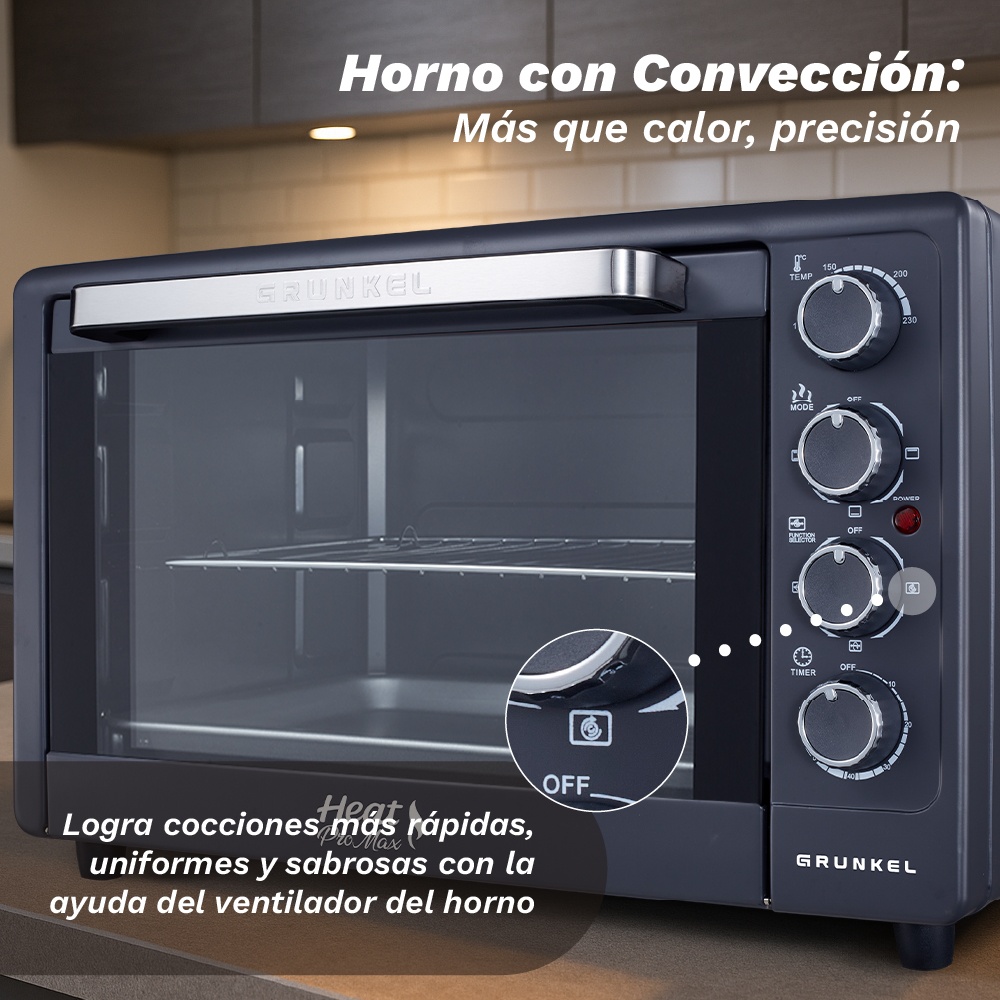 Un forno a convezione Grunkel grigio scuro con comandi. Il testo recita: 'Más que calor, precisión' e 'Logra cocciones más rapidas'.