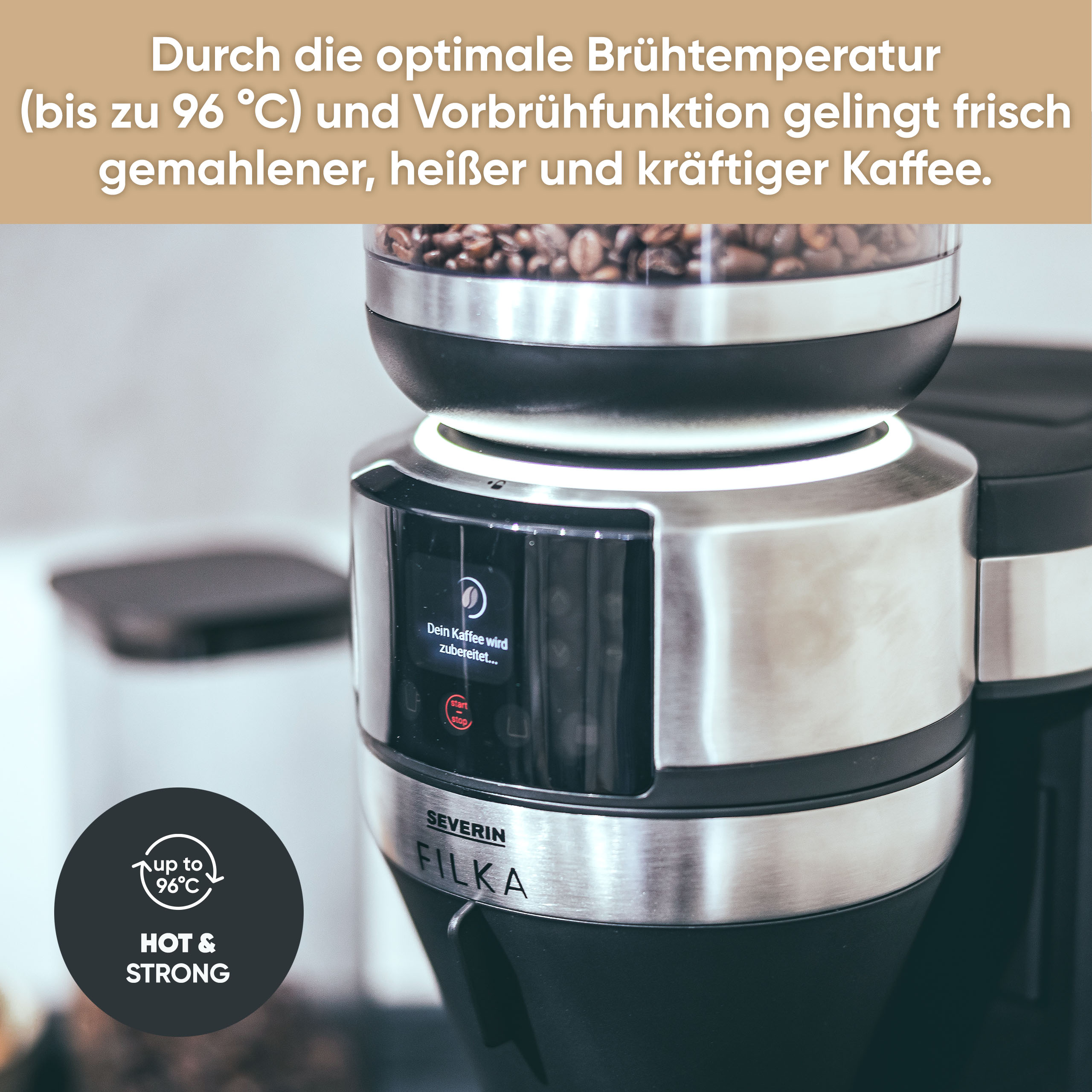 Coffee machine with coffee beans in the top, a screen shows coffee brewing, and a 'Hot & Strong' label.