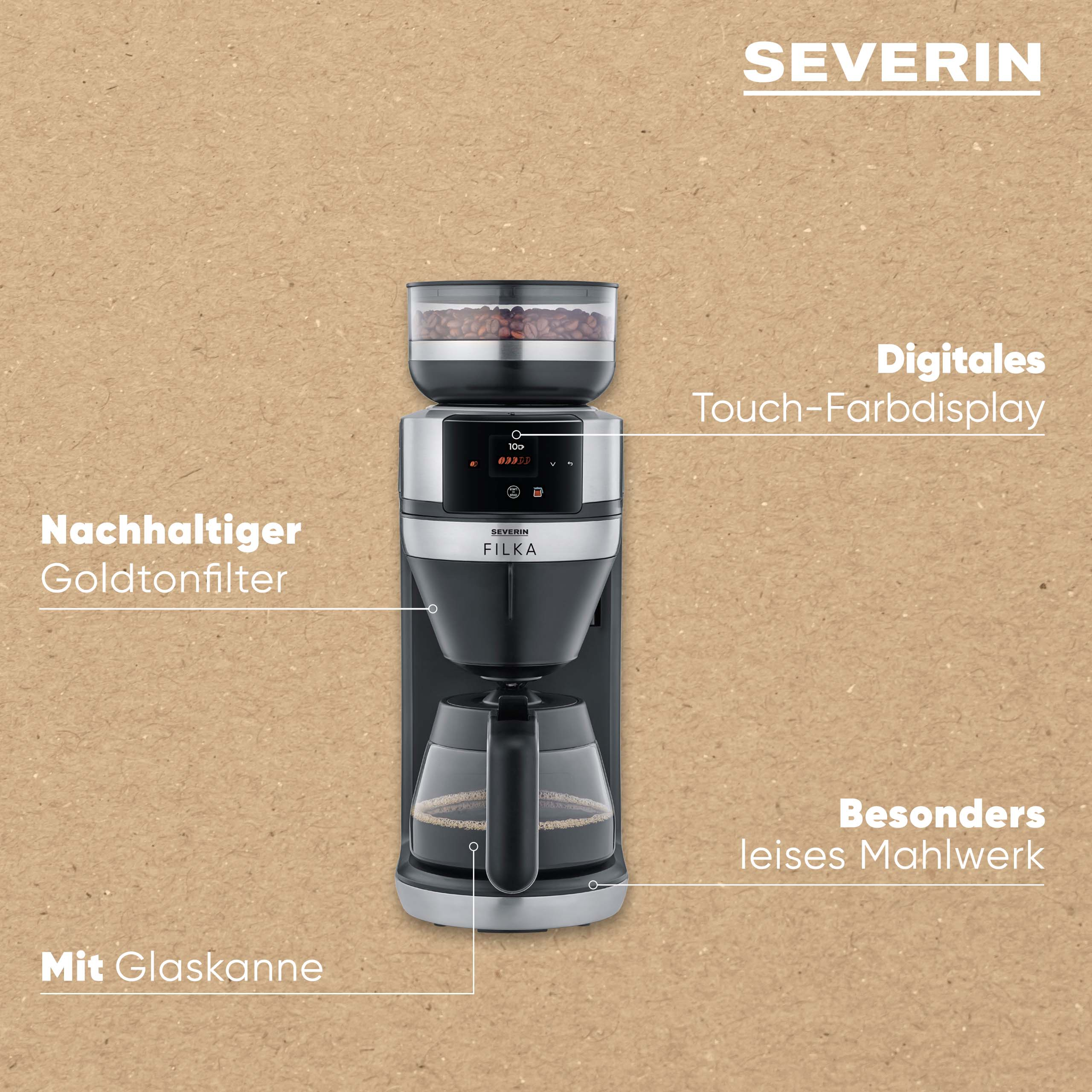 Coffee machine with bean container, digital display, glass carafe, gold filter. Text labels indicate features.
