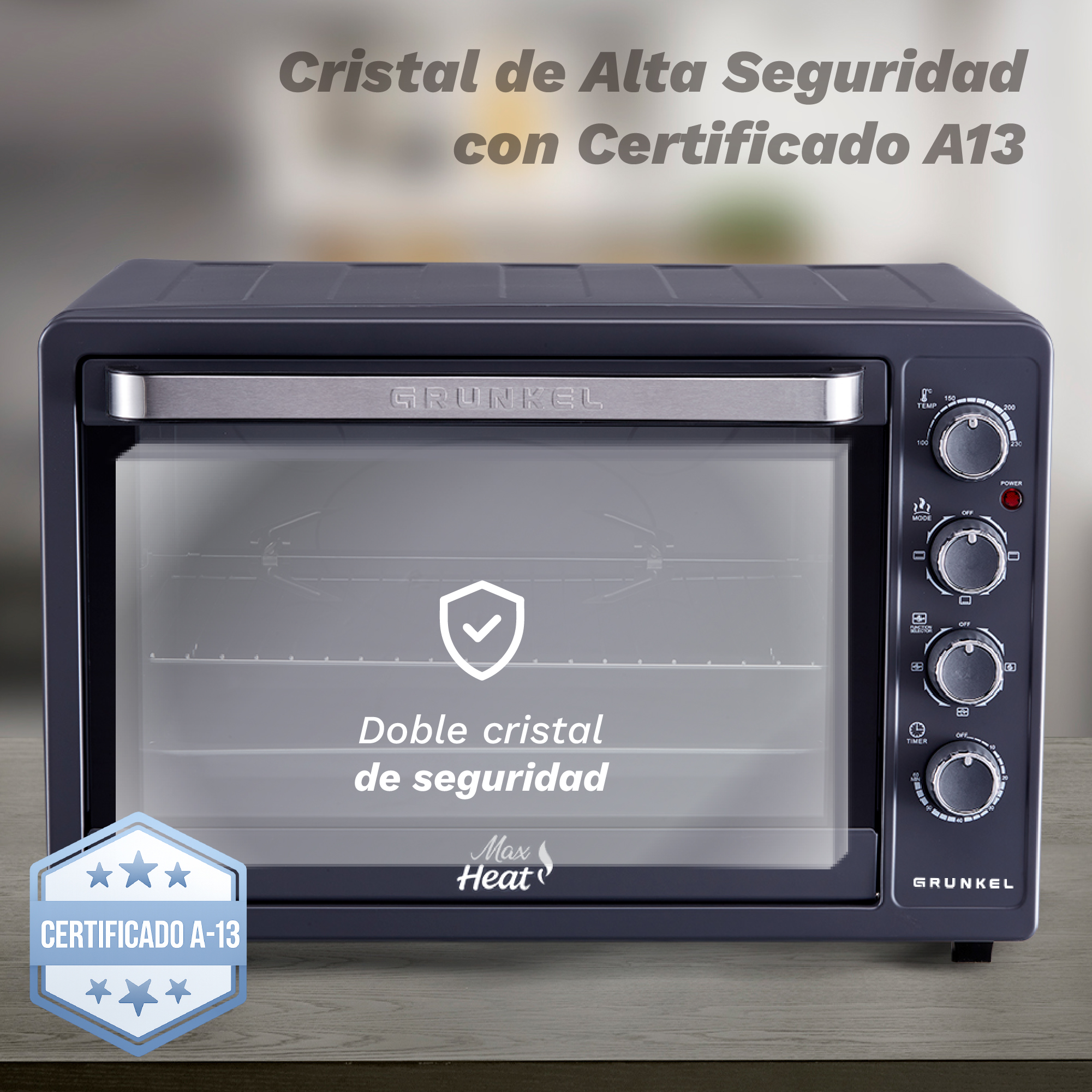 Un horno oscuro con puerta de cristal, diales y asa plateada. Texto: 'Doble cristal de seguridad' y 'Certificado A-13'.