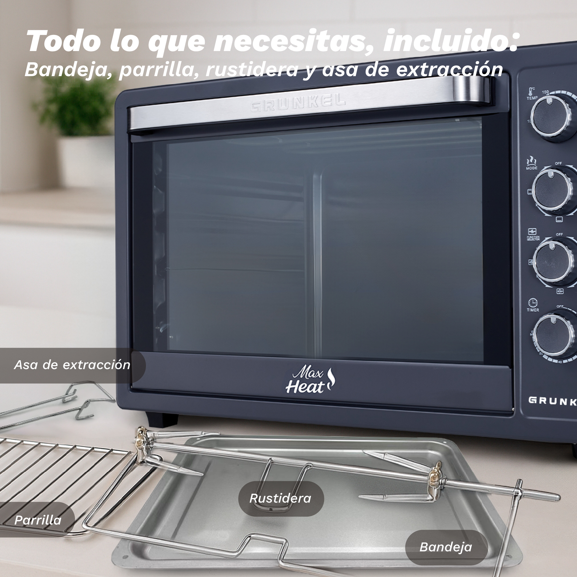 Un horno con accesorios como bandeja, parrilla y asador. El horno es gris oscuro. Las etiquetas marcan las partes.