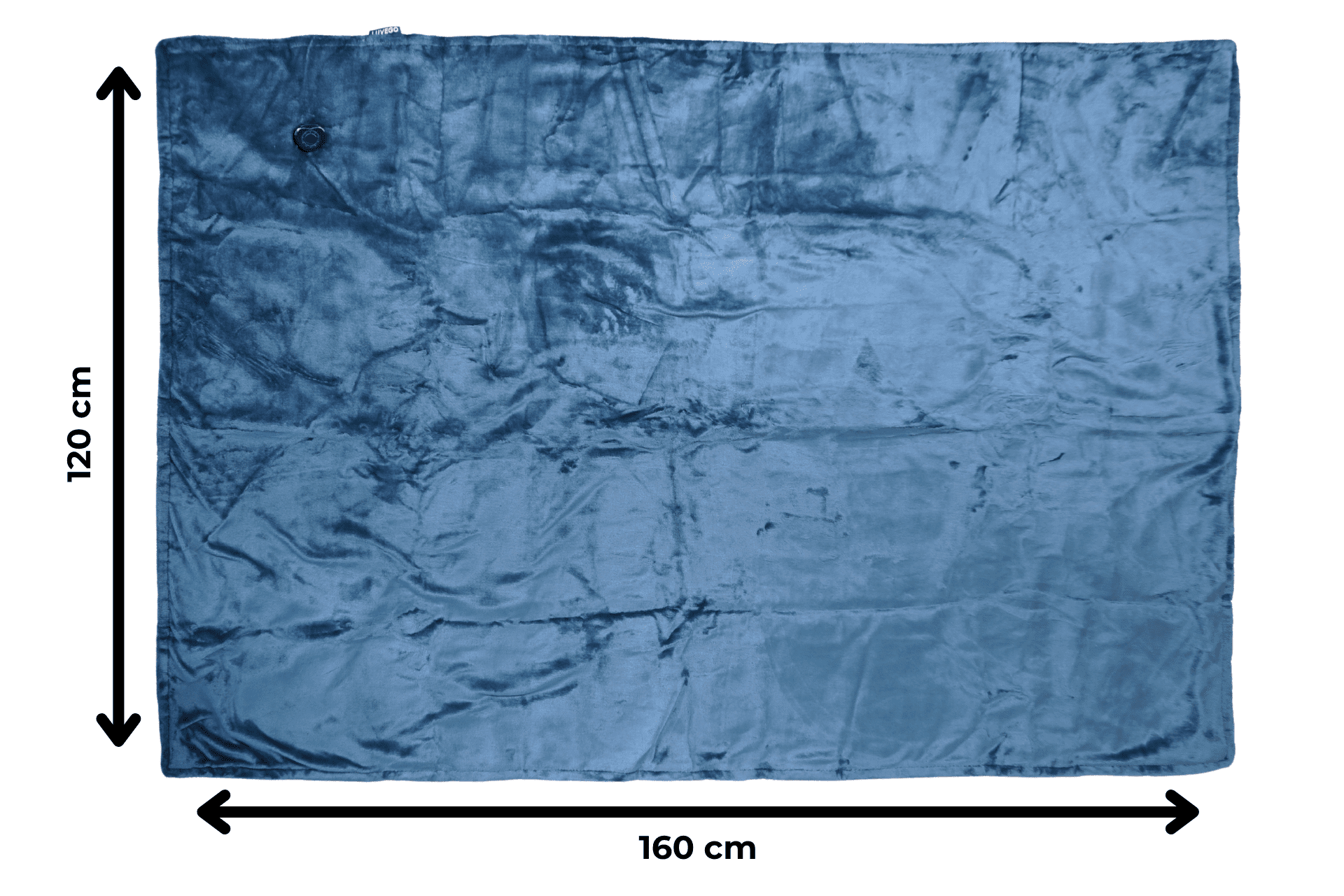 Eine blaue Decke wird angezeigt. Sie ist rechteckig und misst 120 cm x 160 cm. Ein Bedienknopf ist auf der Decke sichtbar.
