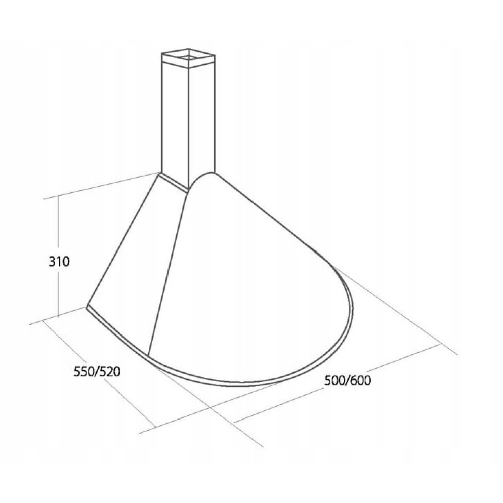 Schematyczny diagram okapu kuchennego. Wymiary są oznaczone: 310, 550/520 i 500/600. Kształt okapu jest trapezoidalny.