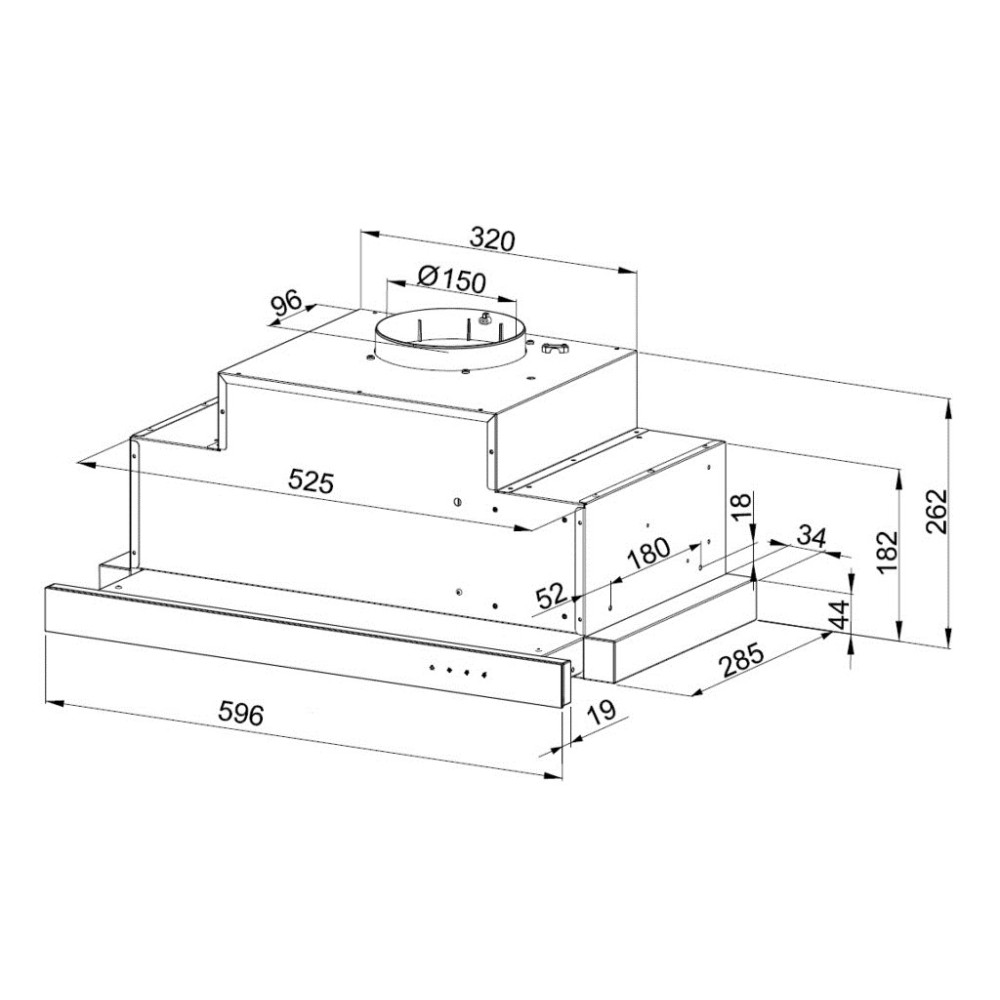 Schemat okapu kuchennego z wymiarami w milimetrach. Pokazuje widoki z góry, z przodu i z boku.