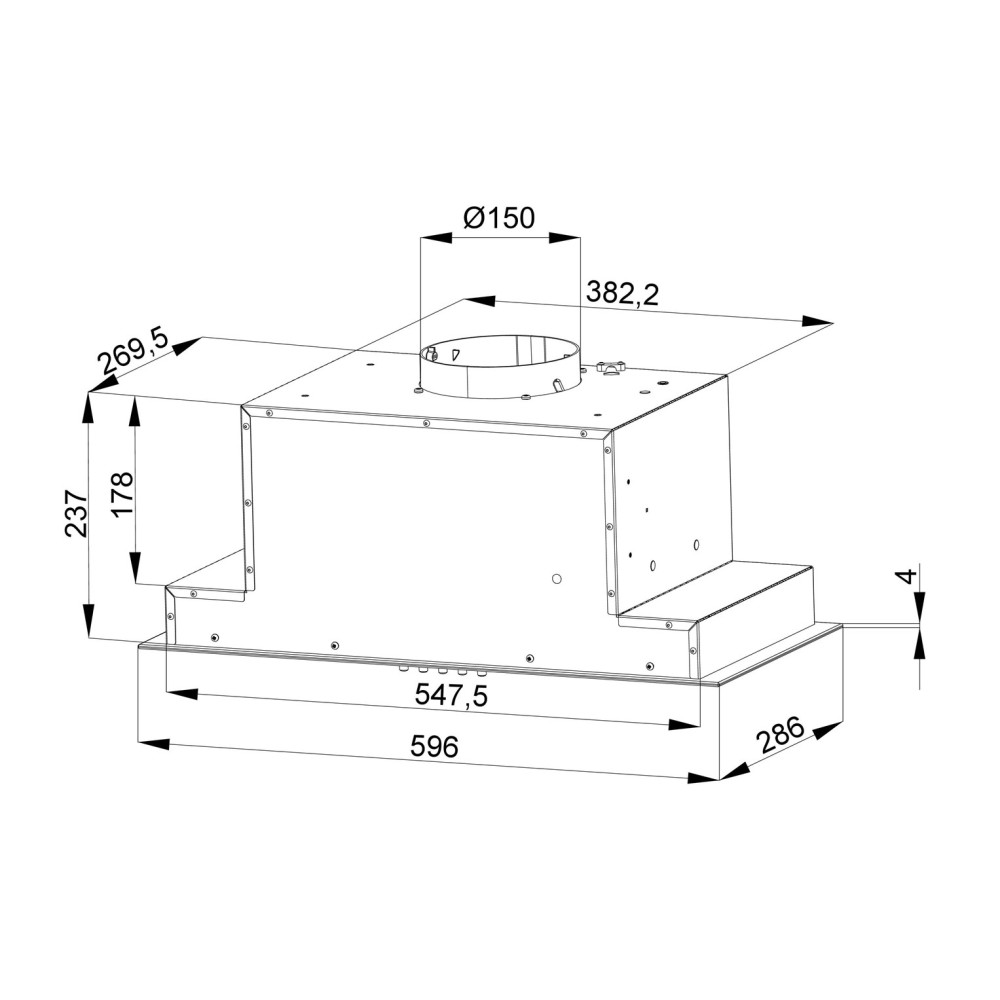 Rysunek techniczny okapu kuchennego z wymiarami w milimetrach. Okap ma kształt prostokątny i okrągły otwór.