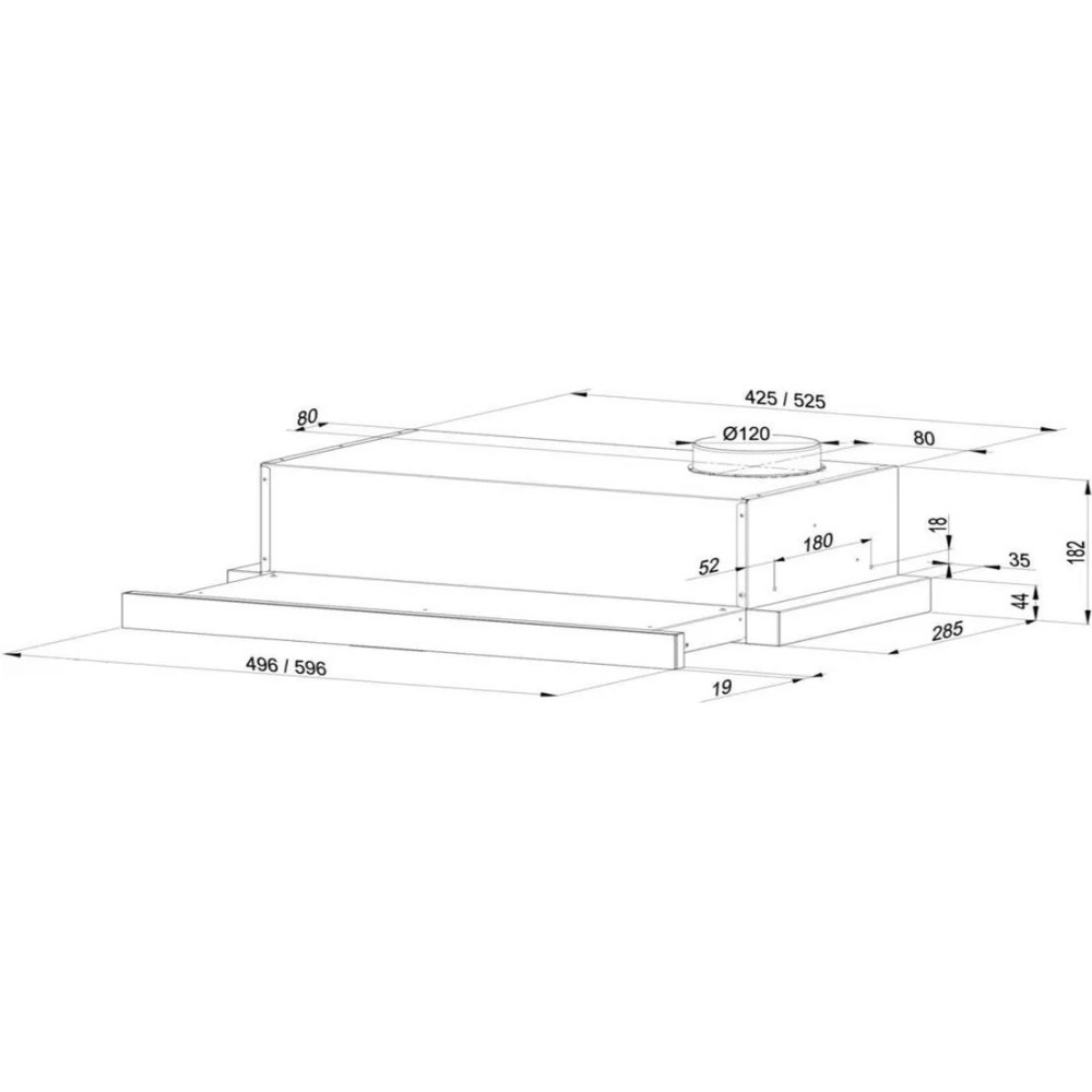 Rysunek techniczny okapu kuchennego, pokazujący wymiary w milimetrach. Okap ma kształt prostokąta z cylindrycznym wylotem.