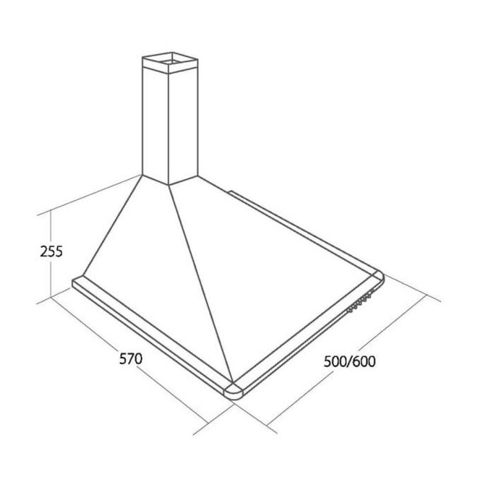 Rysunek izometryczny okapu kuchennego. Wymiary: 255, 570 i 500/600. Okap jest jasny.