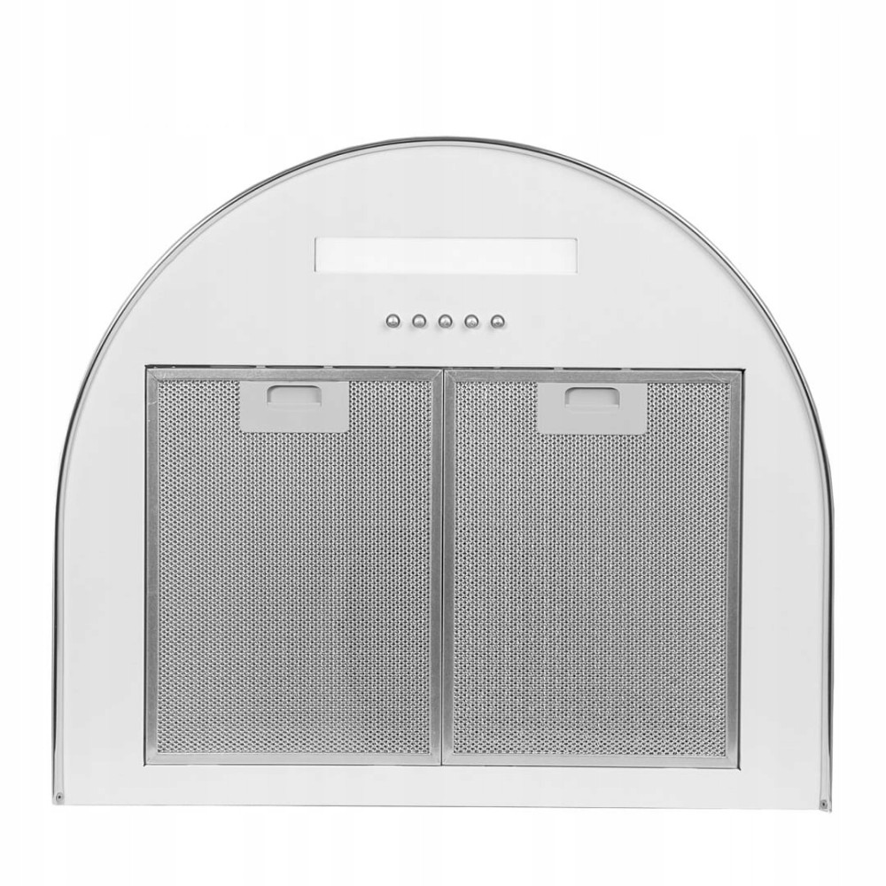 Biały okap z zakrzywionym wierzchem. Posiada dwa filtry siatkowe, pięć małych przycisków i prostokątne światło.