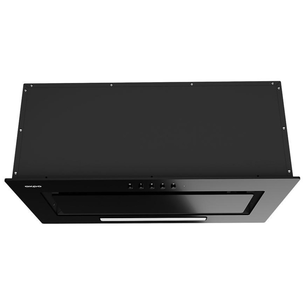 Czarny okap kuchenny z szklanym panelem i przyciskami sterowania. Zamontowany na białym tle.