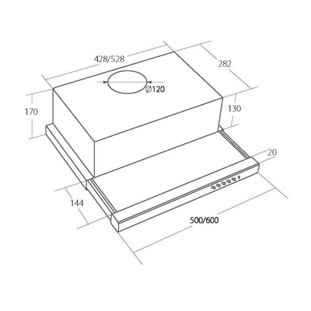 Rysunek techniczny okapu kuchennego. Wymiary są oznaczone miarami w milimetrach, wskazując szczegóły wielkości.