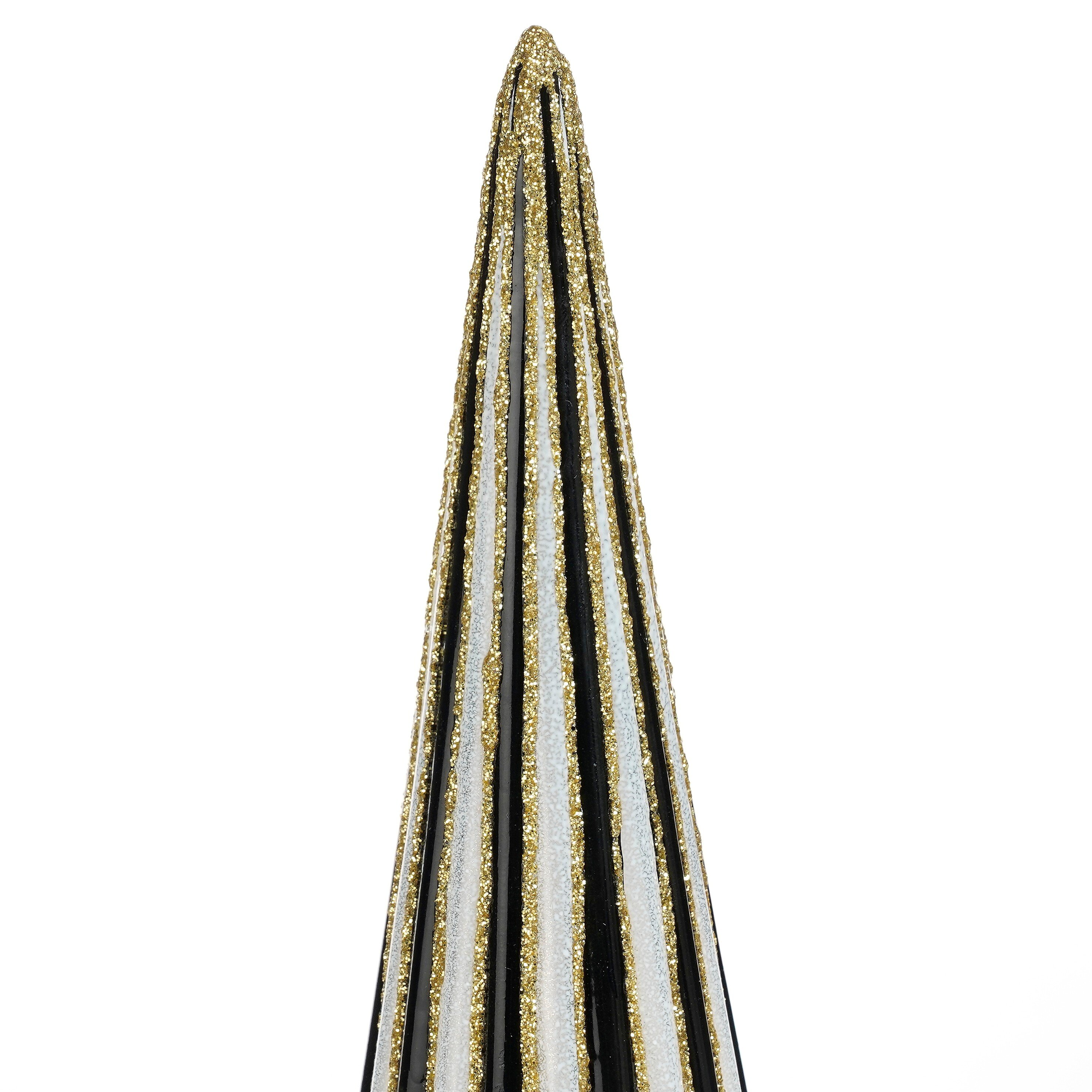 Un objet décoratif en forme de sapin de Noël avec des rayures verticales noires, blanches et dorées.