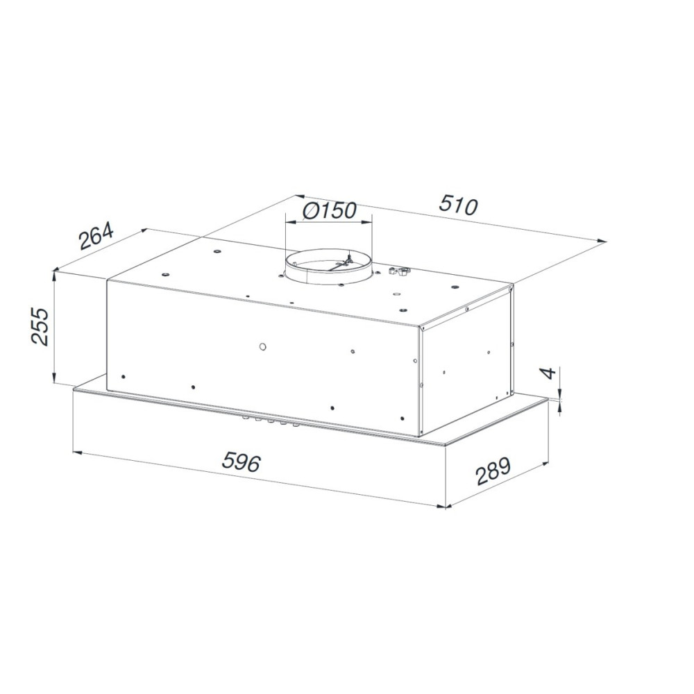 Rysunek techniczny prostokątnego okapu kuchennego, z wymiarami w milimetrach. Na górze okrągły otwór wentylacyjny.
