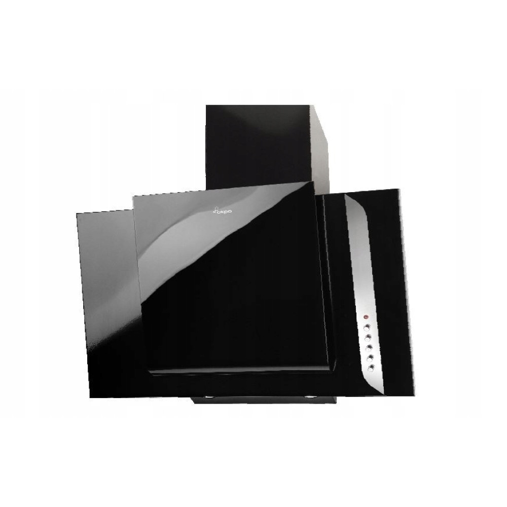 Nowoczesny czarny okap kuchenny o eleganckim designie. Posiada szklany front i panel sterowania.