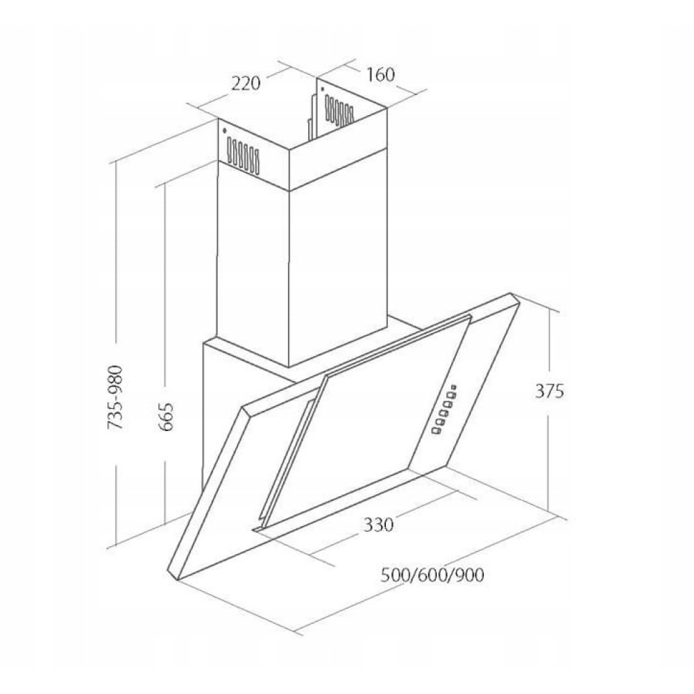 Schemat okapu kuchennego z wymiarami w mm. Pokazuje widok z przodu i z góry z wymiarami takimi jak 220, 160, 330 i 375.