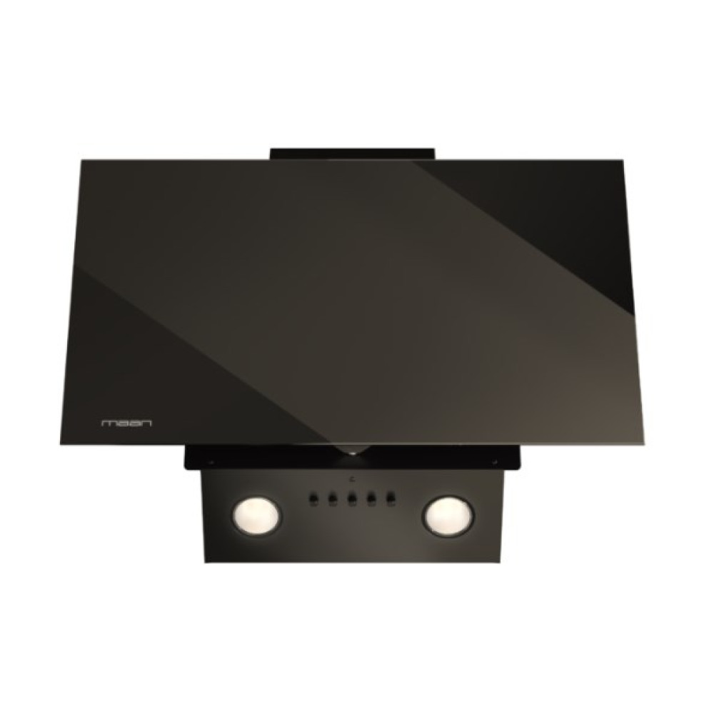 Czarny okap kuchenny ze szklanym frontem. Ma dwa światła i przyciski sterowania poniżej. Widoczna nazwa marki.