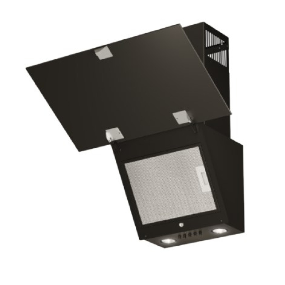 Czarny okap kuchenny z szklanym panelem, metalową siatką i światłami. Jest zamontowany na białym tle.