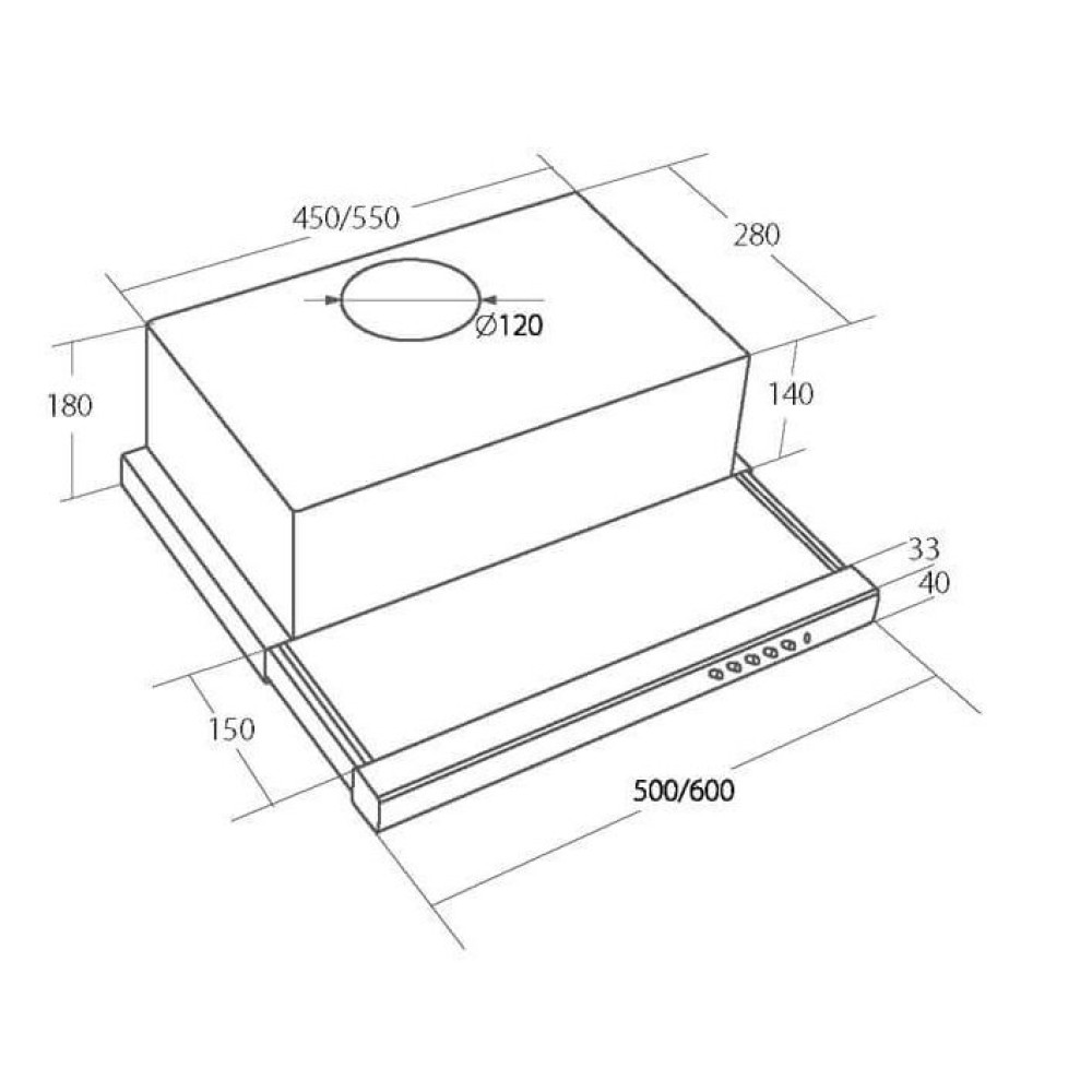 Ilustracja okapu kuchennego z wymiarami. Prostokątny kształt z okrągłym otworem wentylacyjnym i panelem sterowania.