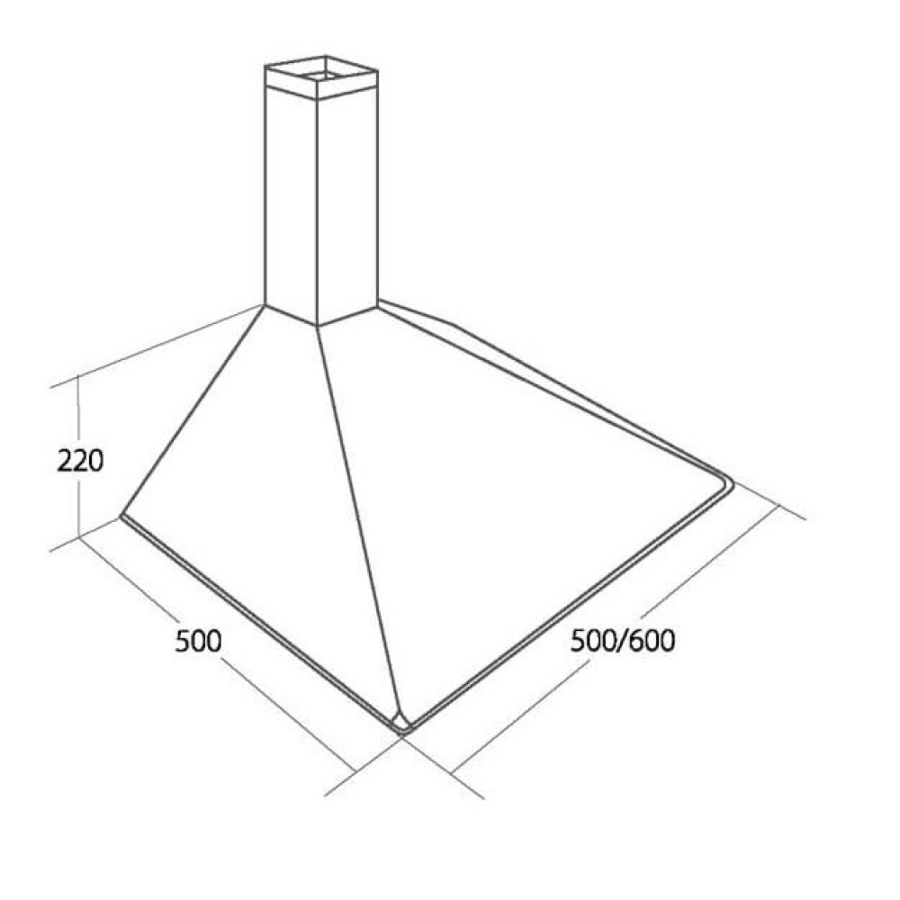 Schematyczny rysunek okapu kuchennego. Wymiary: 220, 500 i 500/600. Okap jest biały z czarnymi obrysami.