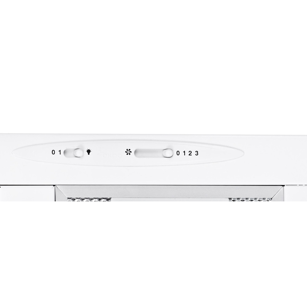 Zbliżenie białego panelu sterowania okapu. Posiada sterowanie światłem i wentylatorem. Obecne są liczby 0-3. Poniżej znajduje się metalowy panel.