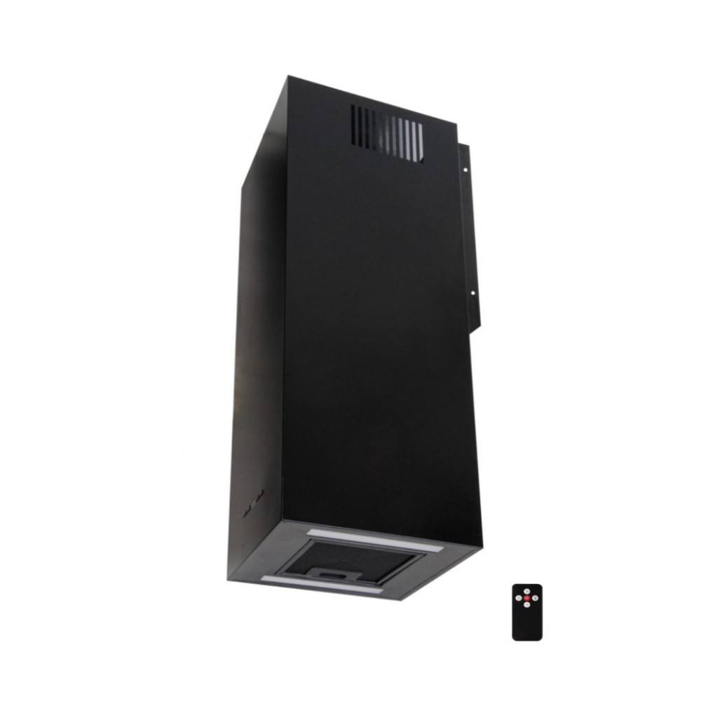 Czarny okap kuchenny z pilotem. Jest prostokątny, z wentylacją na górze i światłem na dole.