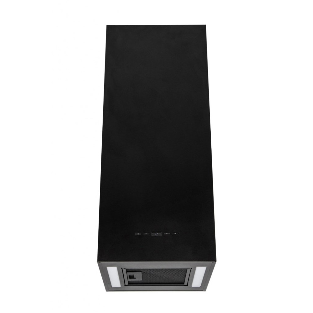 Czarny okap na białym tle. Ma prostokątny kształt z wentylacją i światłami na dole.