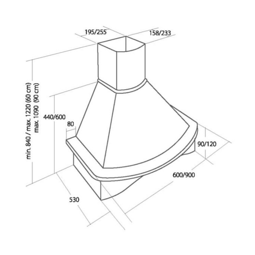 Ilustracja przedstawia wymiary okapu kuchennego. Liczby i linie wskazują rozmiary w cm, w tym pomiary wysokości, szerokości i głębokości.