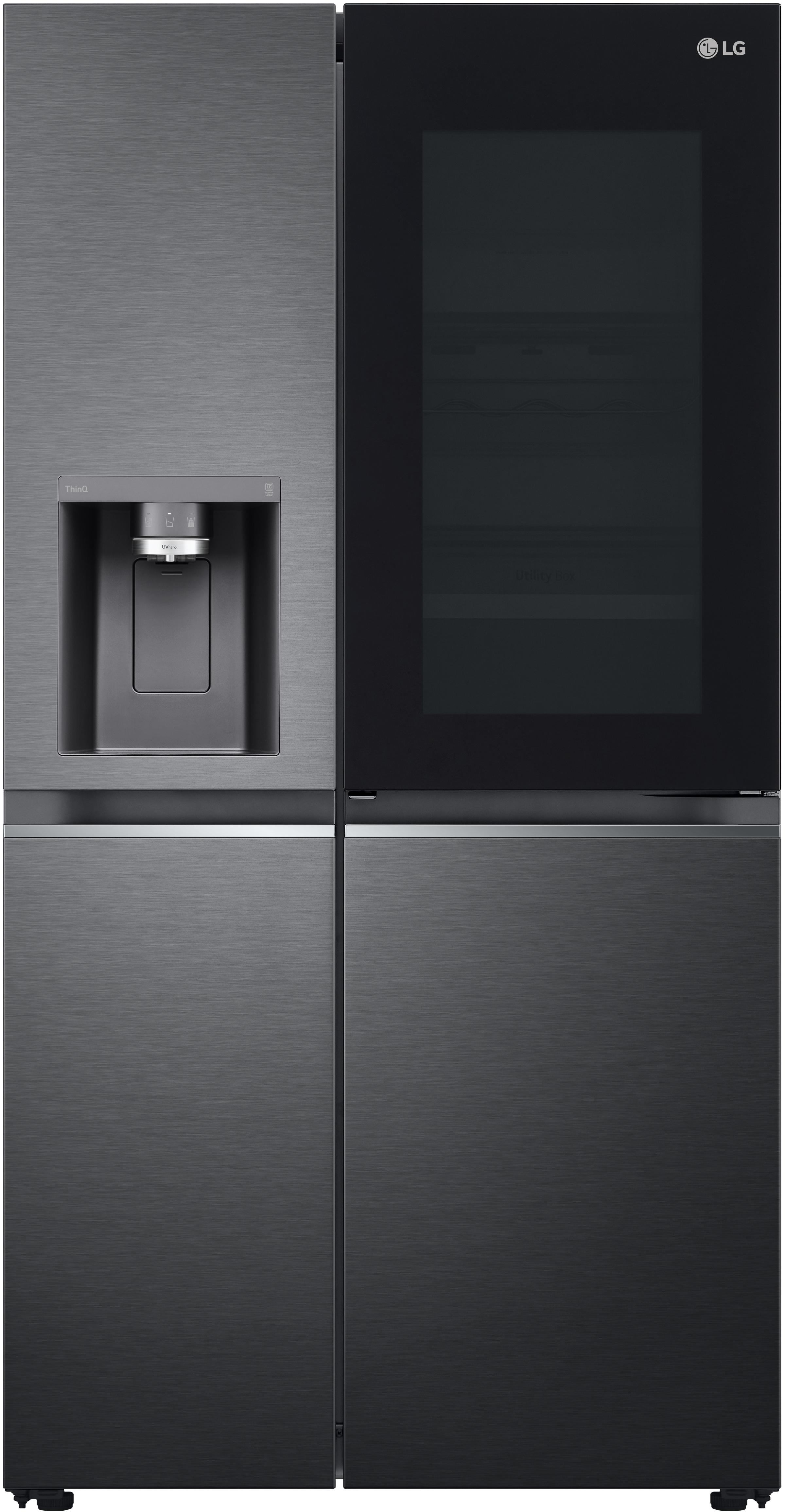 Dunkelgrauer LG-Kühlschrank mit Wasserspender. Er hat eine Glastür rechts und eine Edelstahloberfläche.
