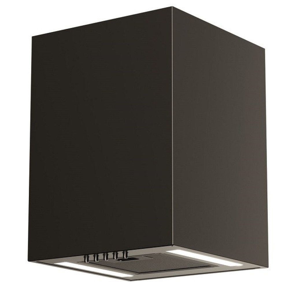 Ciemny, prostokątny okap kuchenny. Ma otwór wentylacyjny i światła na dole. Boki są ciemne, a powierzchnia gładka.