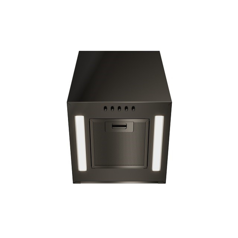 Ciemnoszary okap z oświetleniem i wentylacją, sześć przycisków sterowania. Znajduje się na białym tle.