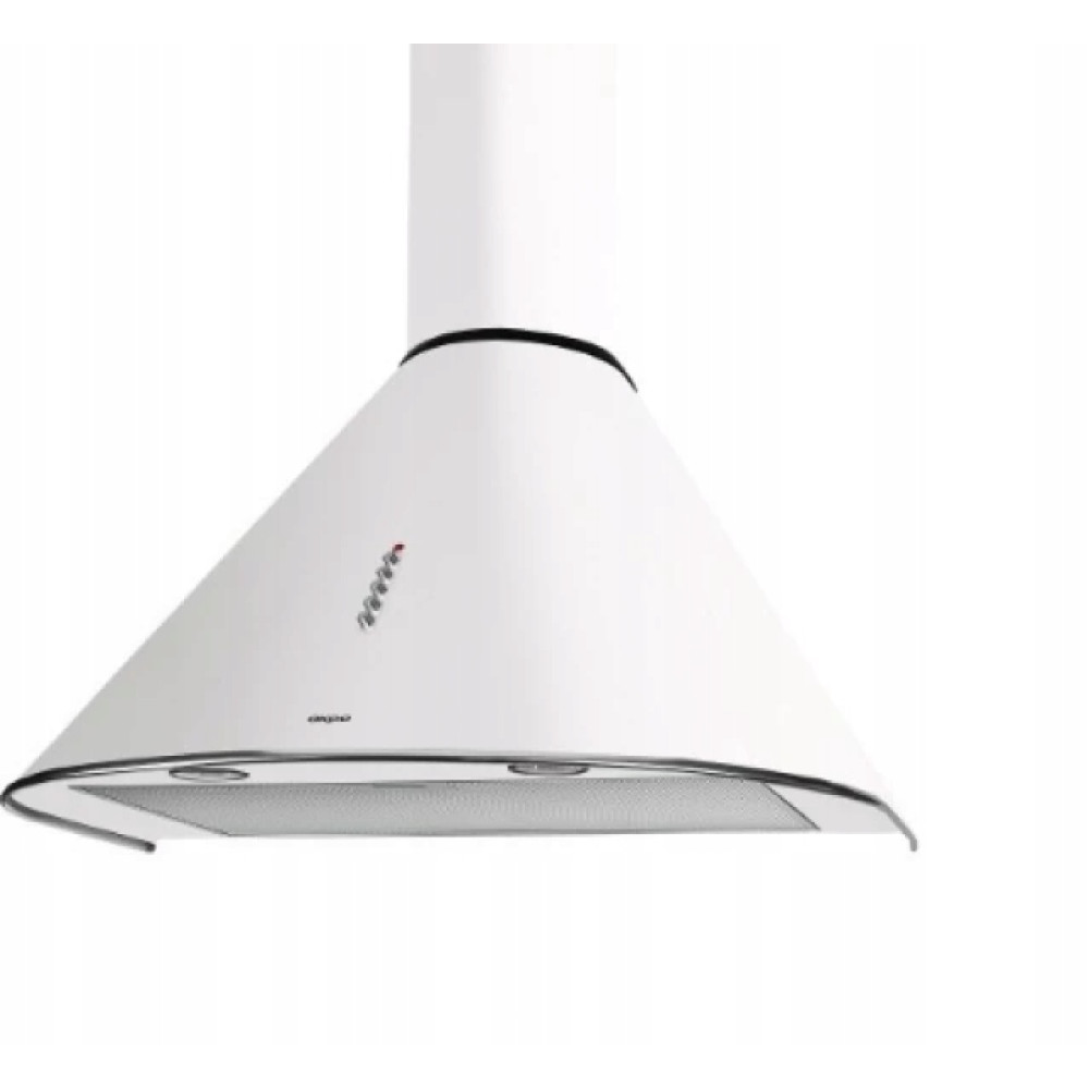 Biały okap kuchenny o stożkowym kształcie. Ma czarne obramowanie i przyciski sterowania. Jest odizolowany na białym tle.