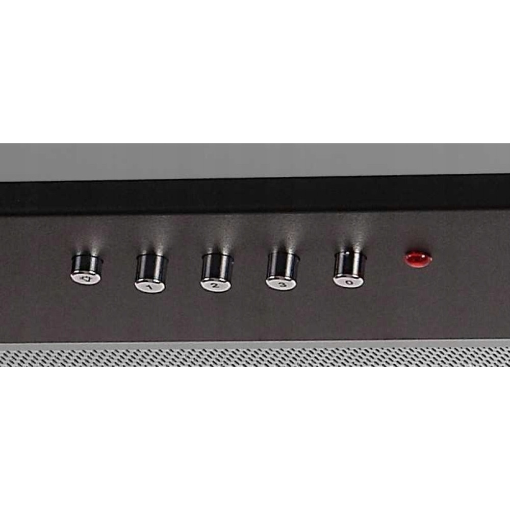 Zbliżenie panelu sterowania okapu. Posiada pięć pokręteł z numerami i czerwoną lampkę kontrolną.