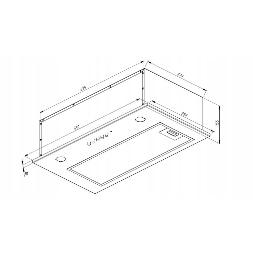 Biały okap kuchenny z oznaczonymi wymiarami. Okap ma kształt prostokąta z panelem sterowania i kilkoma małymi okręgami.