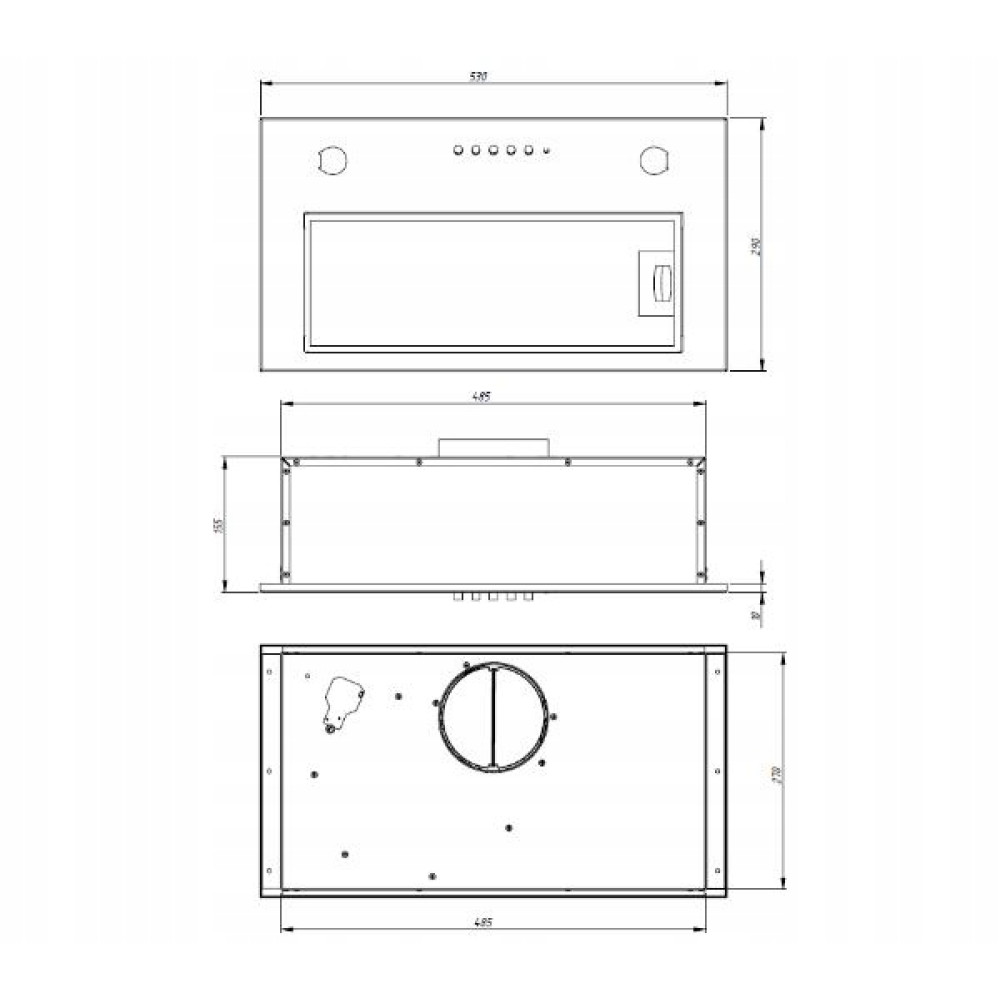 Rysunek techniczny okapu kuchennego. Wymiary i szczegóły pokazano w widoku z góry, z boku i od dołu, z wymiarami w mm.