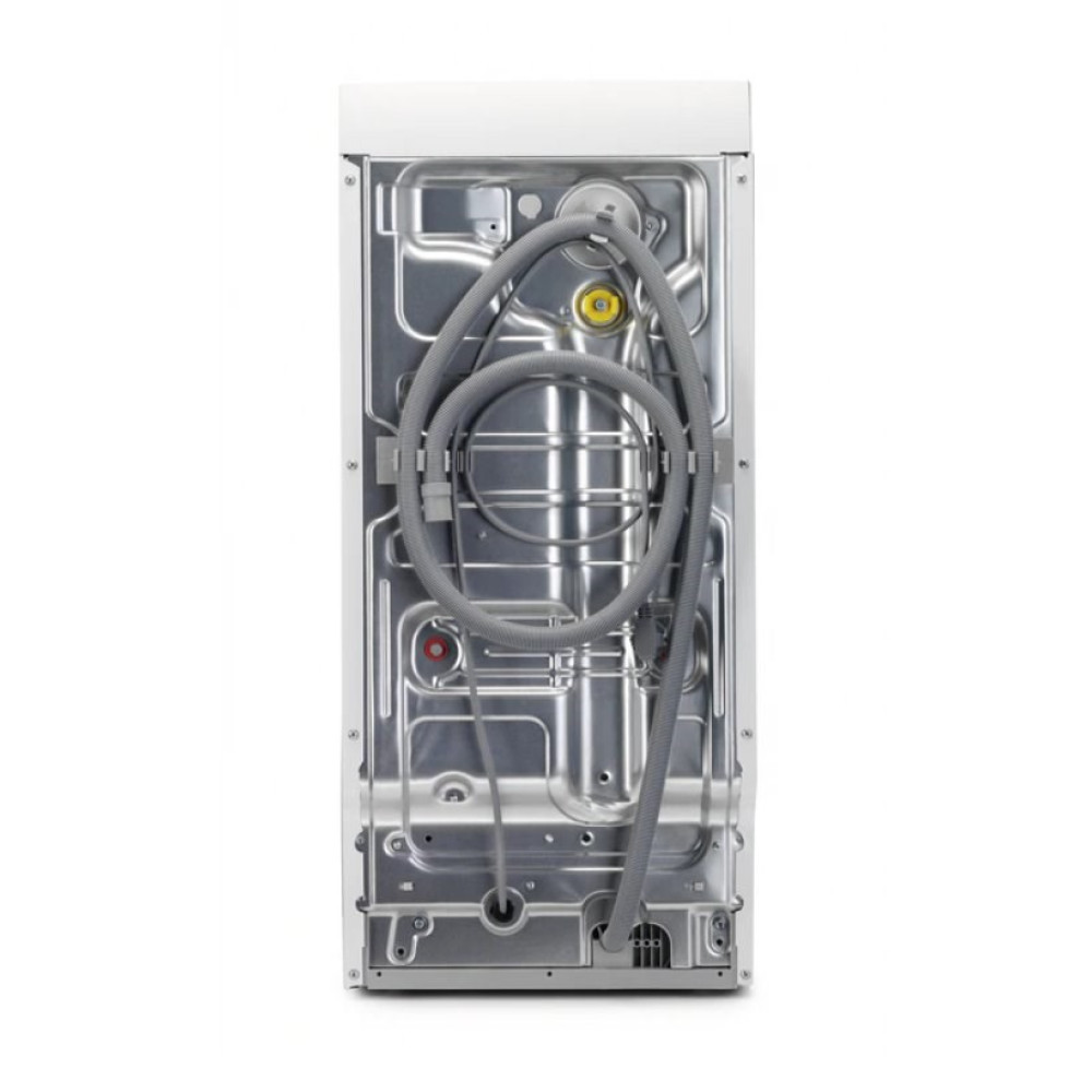 Widok z tyłu pralki. Srebrny metalowy tył z szarym wężem i białą górą. Widoczne są różne wloty i wyloty.