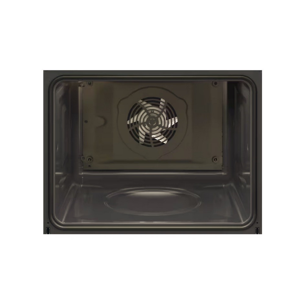 Wnętrze piekarnika. Z tyłu widoczny jest wentylator. Wnętrze piekarnika jest szare.