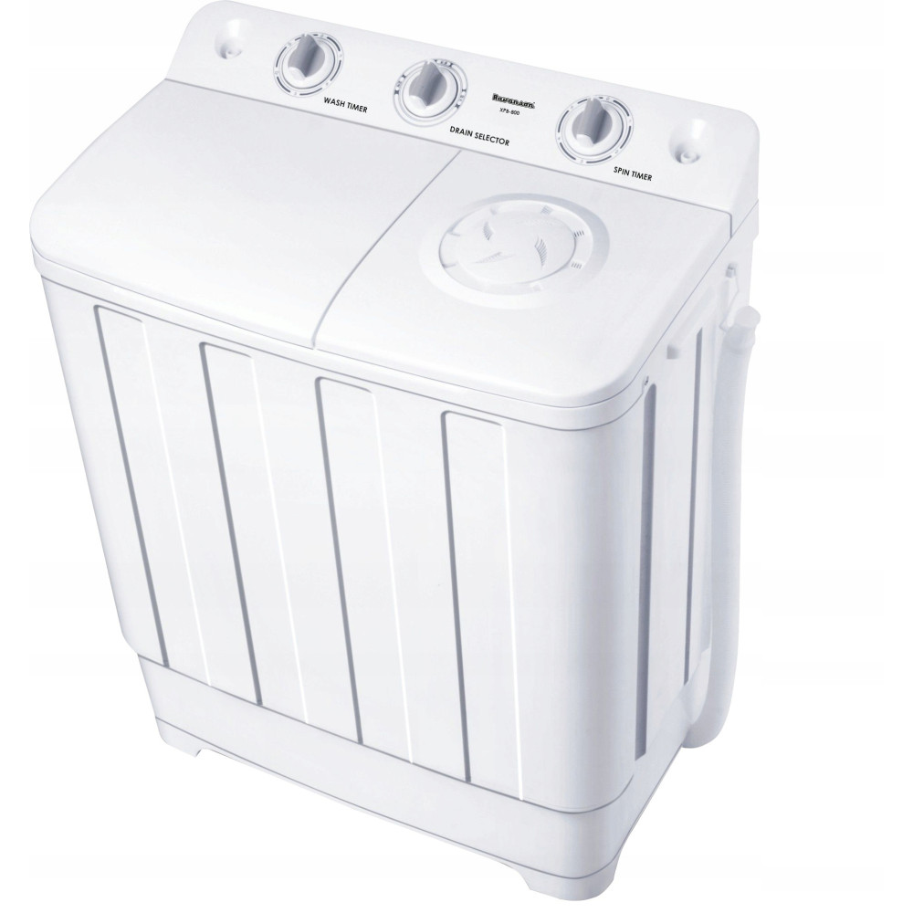 Biała pralka dwukomorowa. Ma pokrętła z etykietami Wash Timer, Drain Selector i Spin Timer. Widoczny jest wąż.