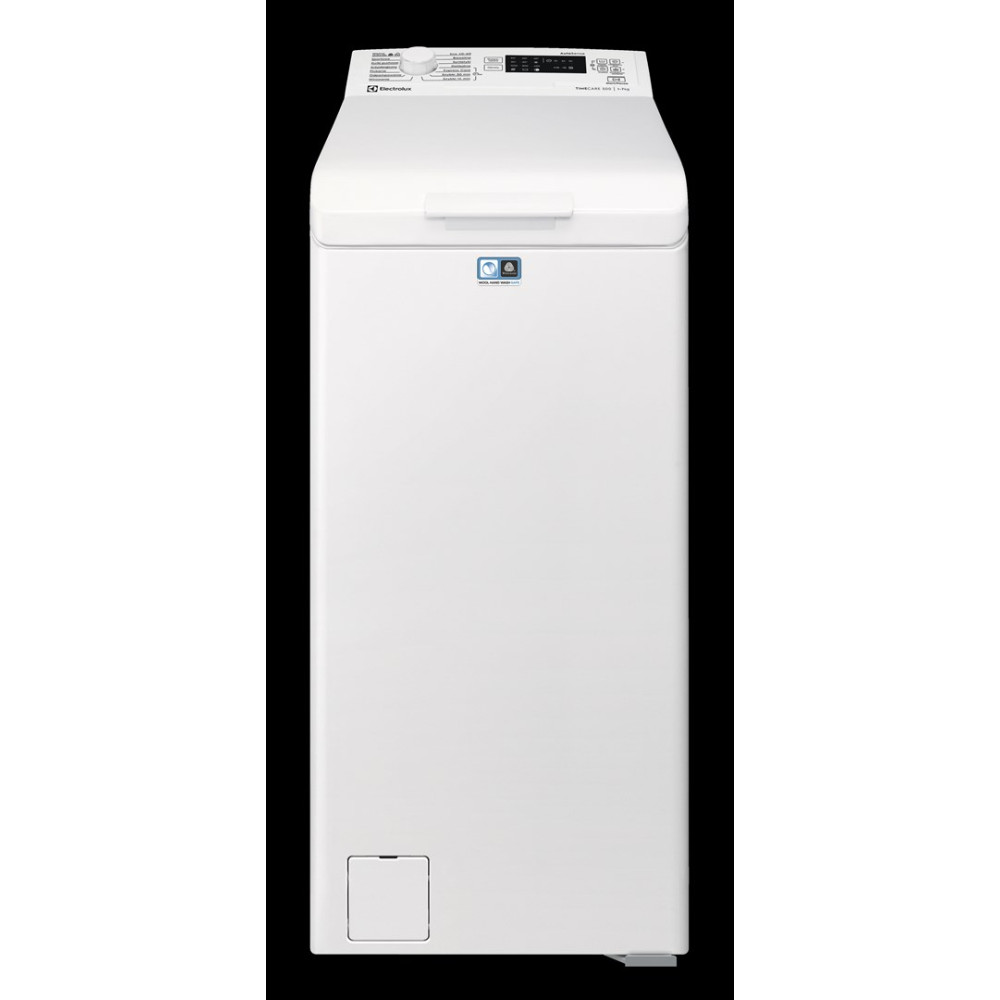 Pokazano białą pralkę Electrolux. Ma panel sterowania u góry, drzwi i małą komorę na dole.