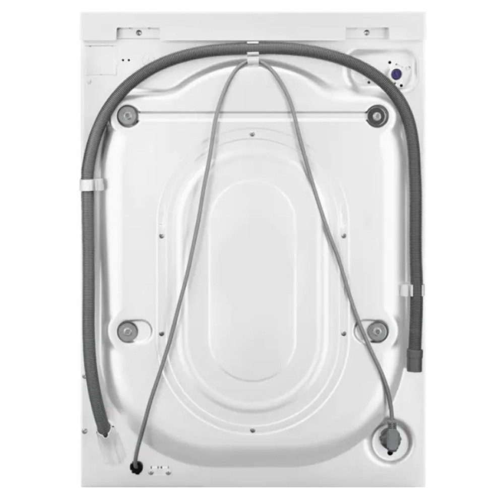 Tył białej pralki. Posiada zakrzywiony szary wąż i dwa szare kable z kilkoma punktami połączeń.