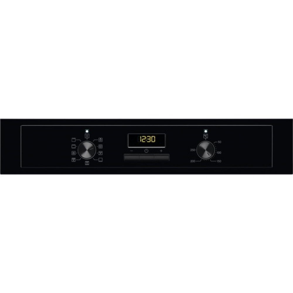 Czarny panel sterowania piekarnika z cyfrowym zegarem pokazującym 12:30, pokrętłami i przyciskami do temperatury i ustawień.