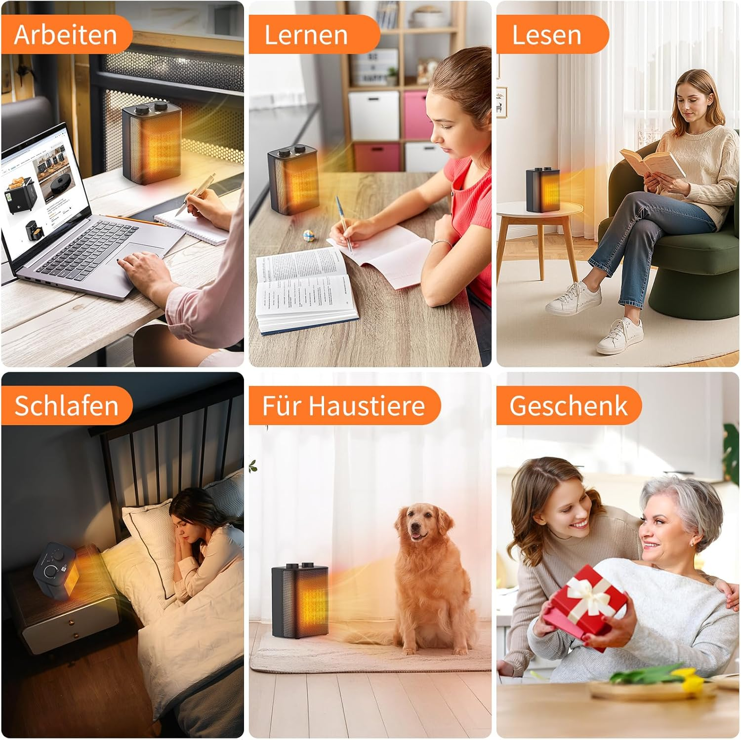 Das Bild zeigt einen Heizlüfter in verschiedenen Szenarien: Arbeiten, Lernen, Lesen, Schlafen, für Haustiere und als Geschenk.