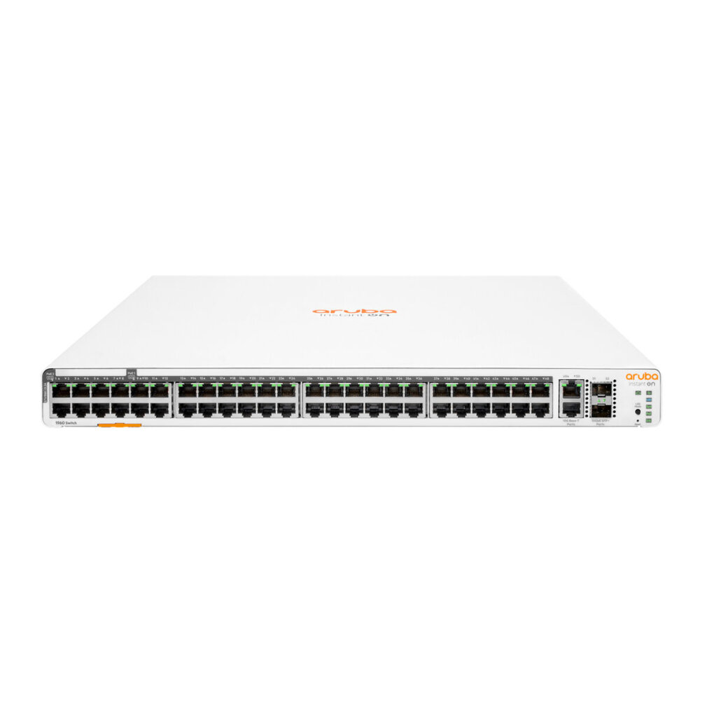 A white Aruba Instant On 1960 switch with numerous ports. It has the brand name on top right and ports at the front.