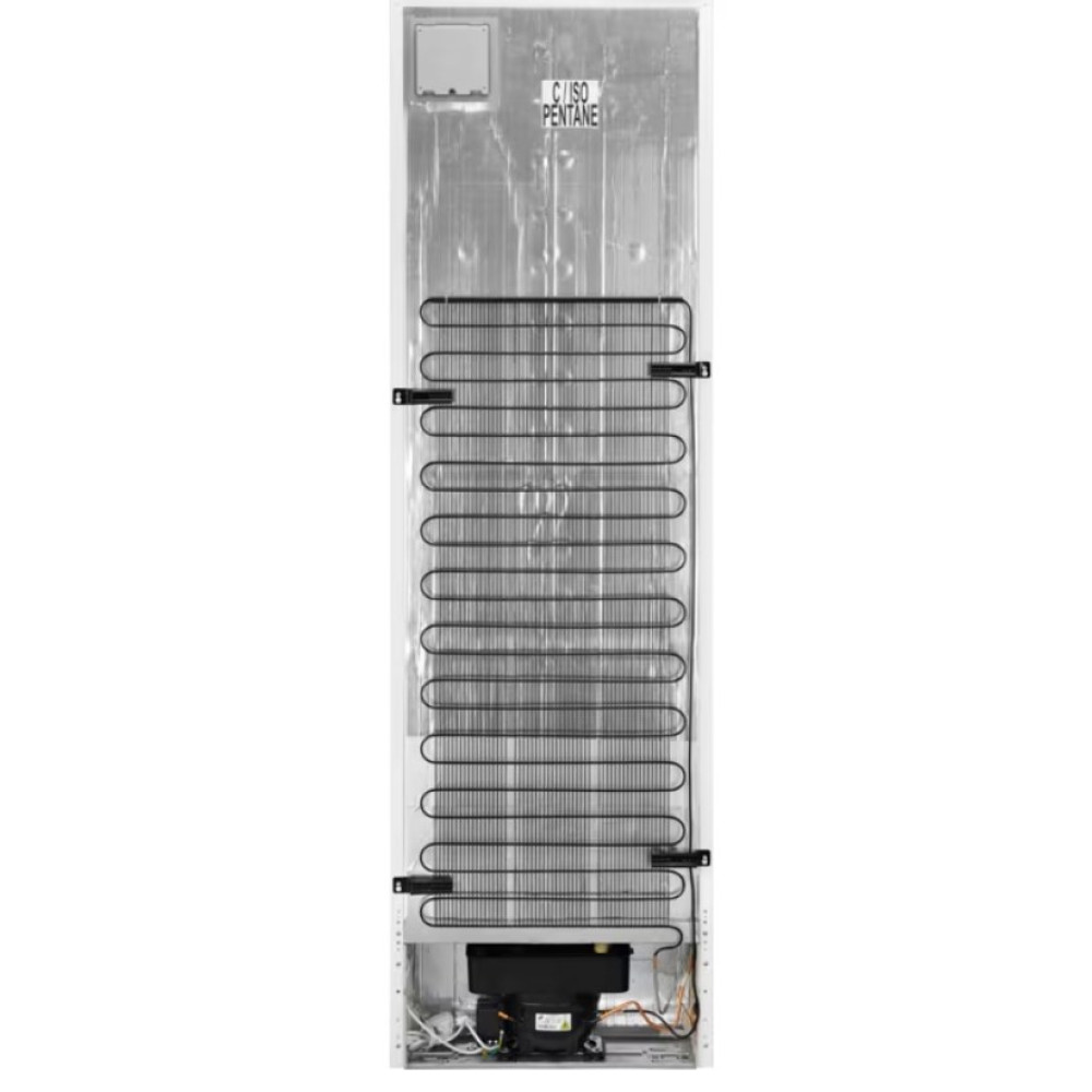 Tył lodówki z wężownicami chłodzącymi, sprężarką i izolacją. Cewki są czarne, a izolacja srebrna.