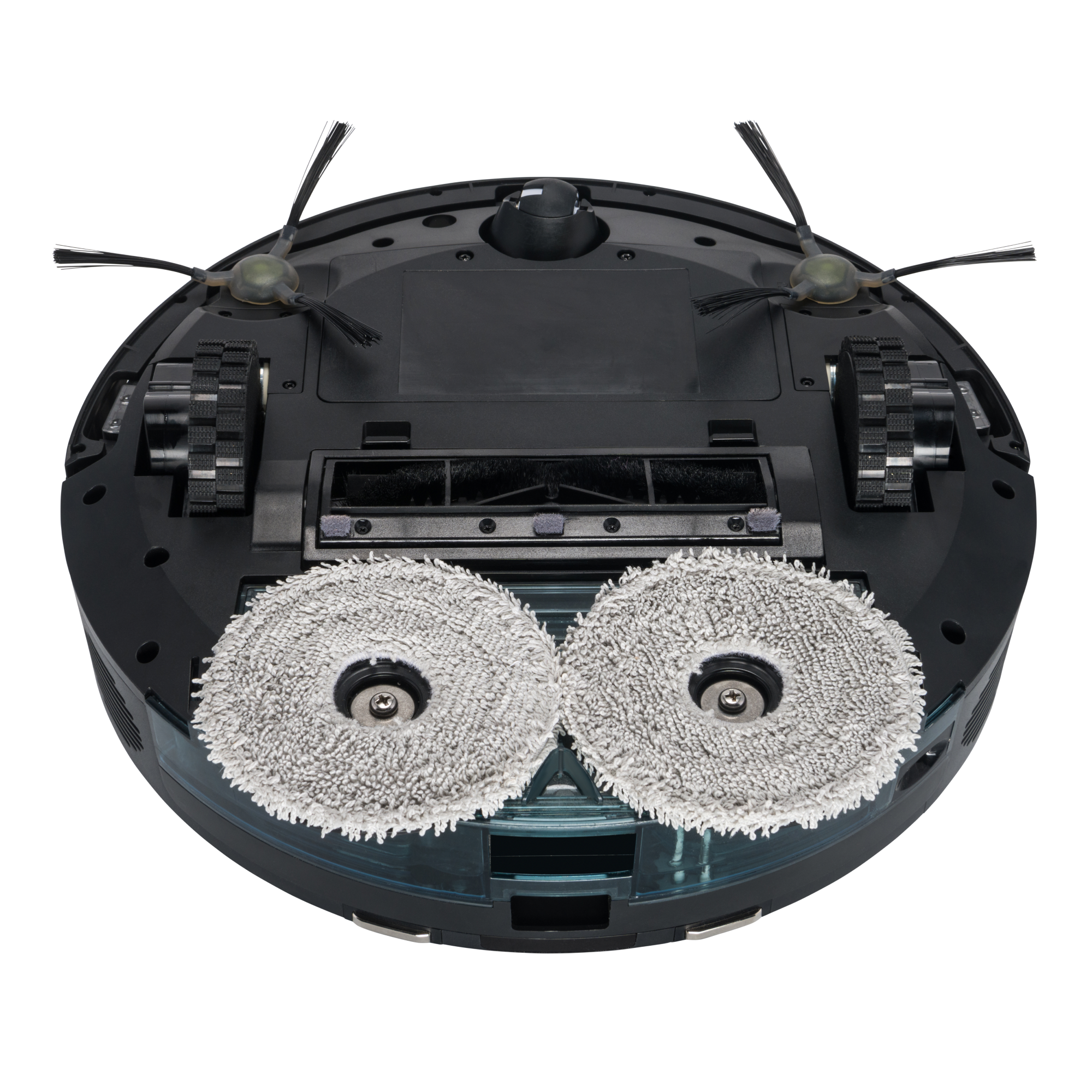 Robot vacuum cleaner underside view, with brushes, wheels, and two gray cleaning pads. Black background.