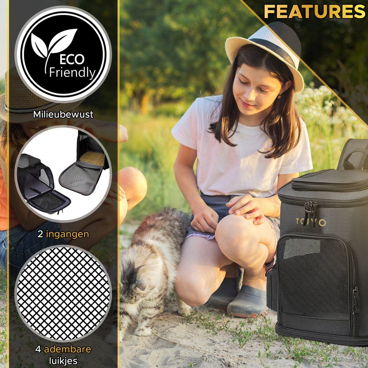 A girl with a cat sits next to a black pet carrier. The image includes text about the carrier's features and eco-friendliness.
