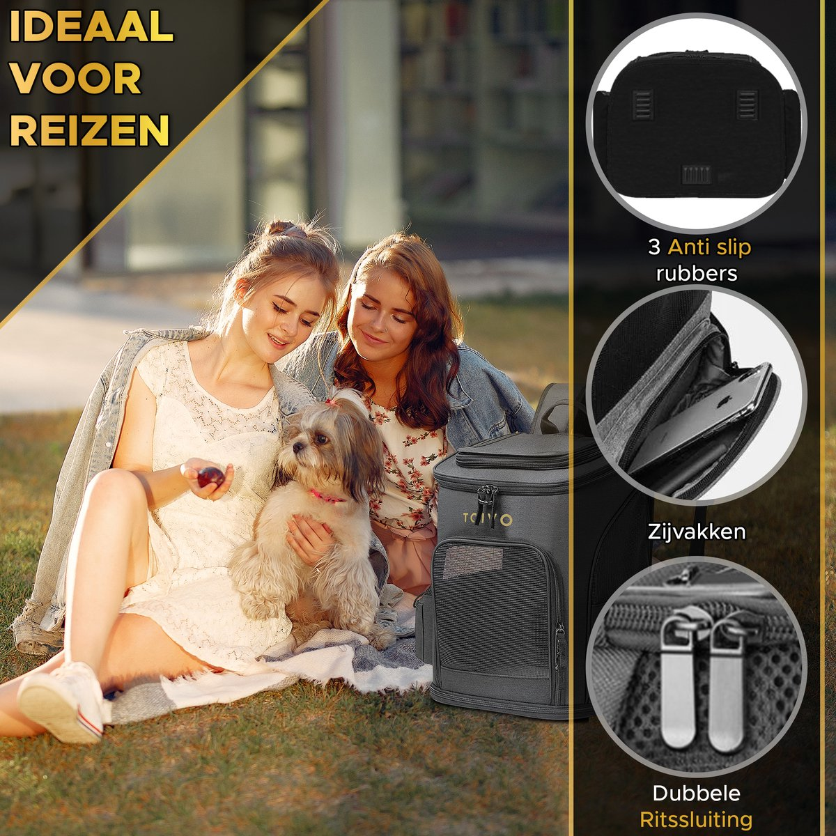 Two women with a dog sitting on a blanket. A travel bag is beside them. Details show the bag's features.